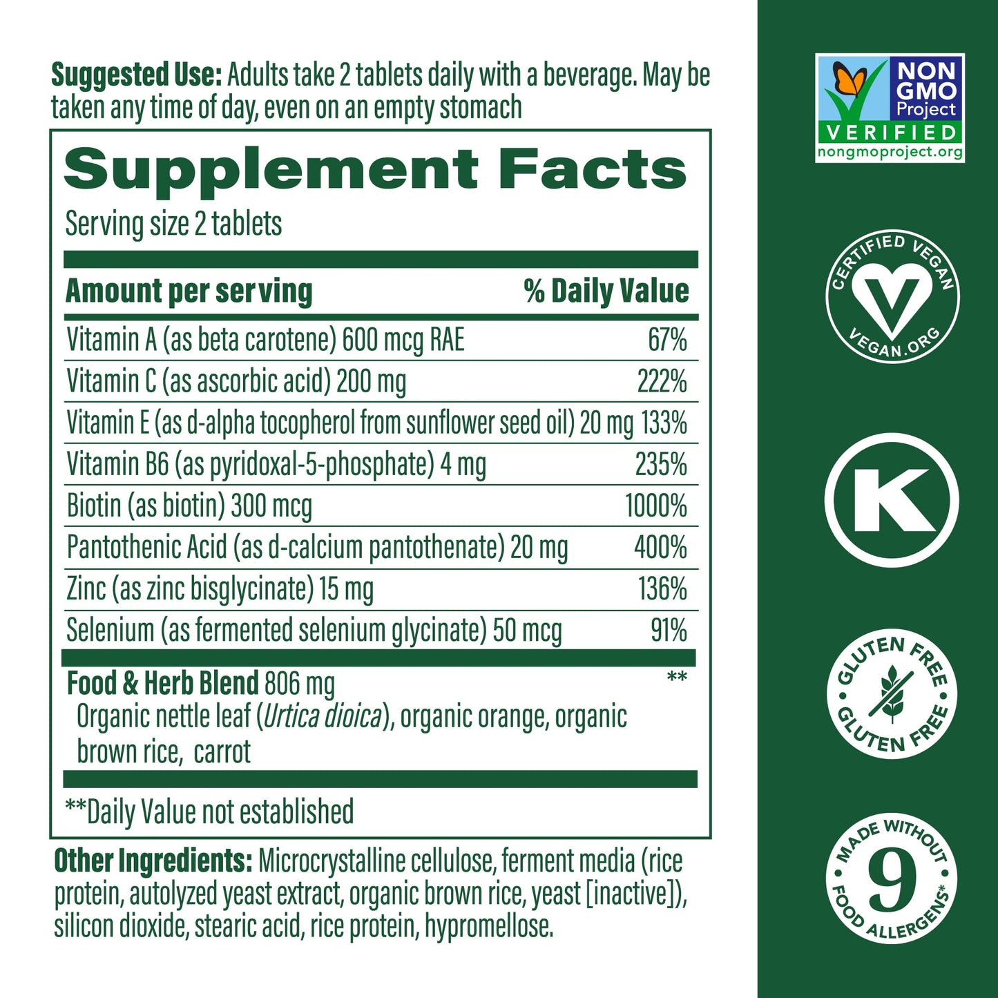 Etiqueta frontal MegaFood vitaminas para piel uñas cabello vegano
