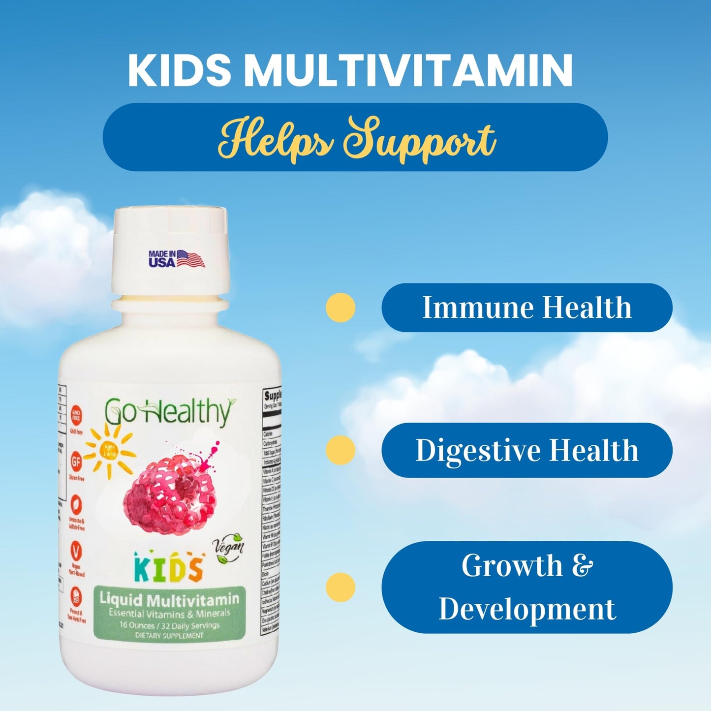 Etiqueta frontal multivitamínico líquido vegano Go Healthy Kids
