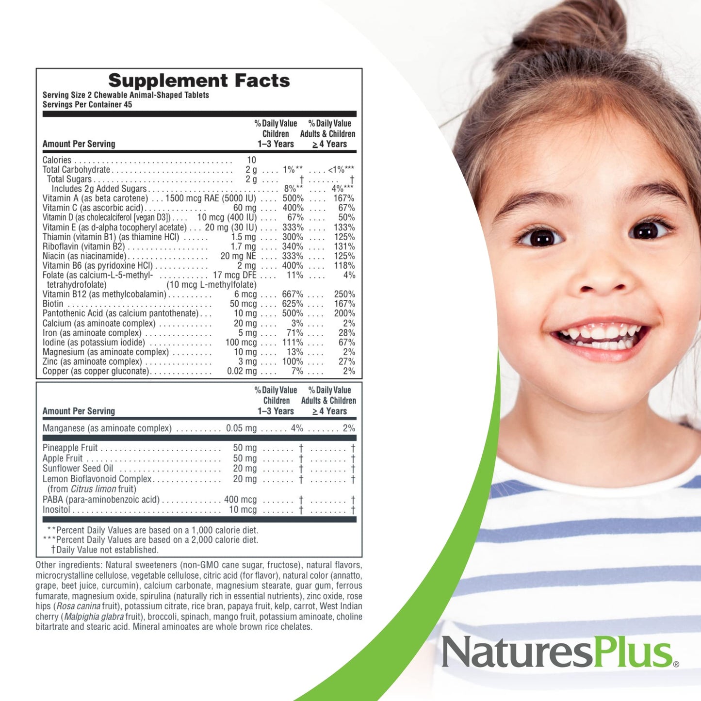 Etiqueta frontal multivitamínico Natures Plus Animal Parade niños