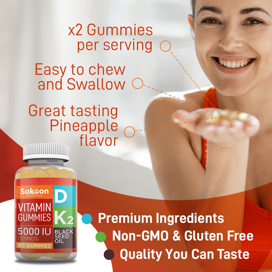 Etiqueta frontal Sakoon Nutrition vitamina D3 con K2 y semilla negra