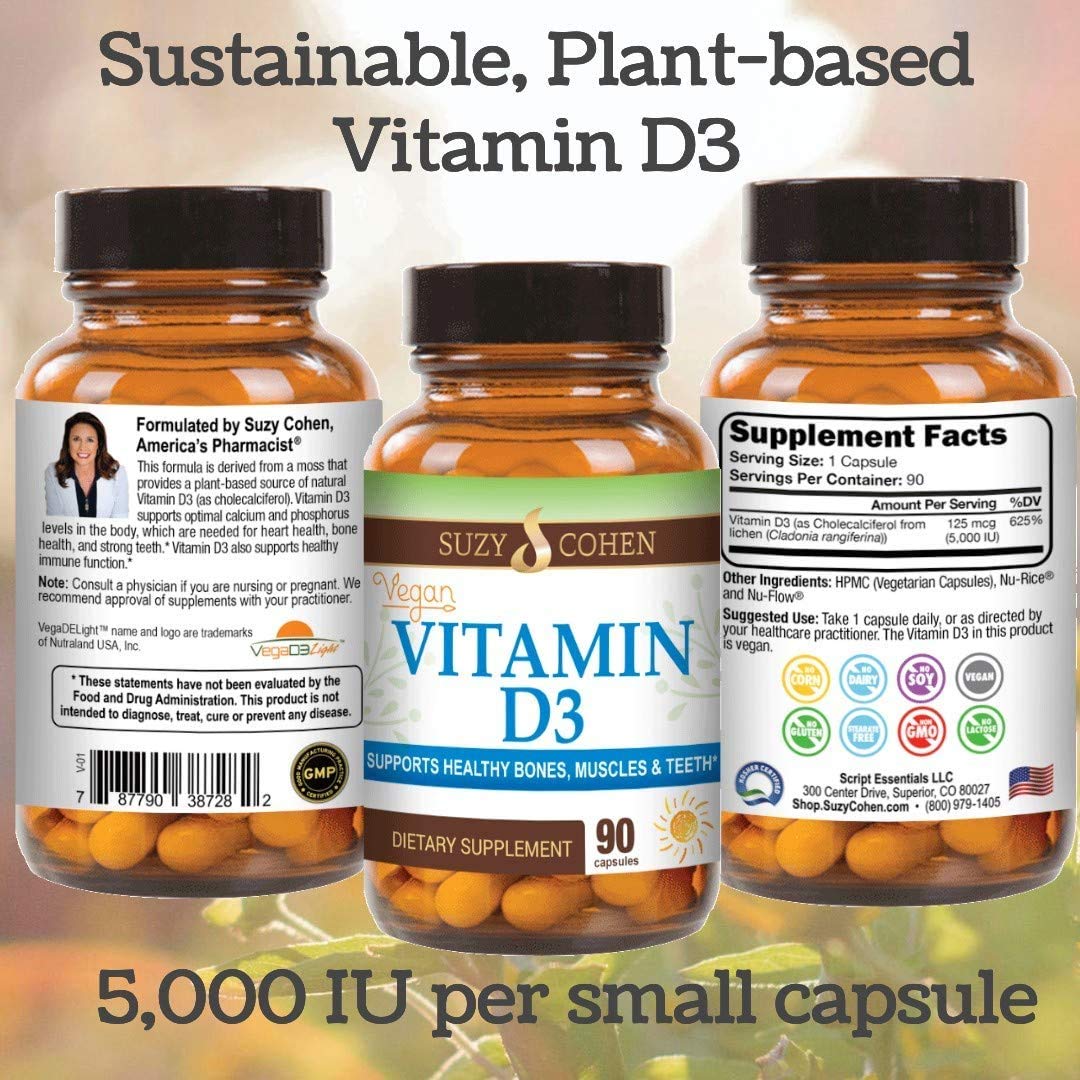 Etiqueta frontal Script Essentials Vitamina D3 vegana