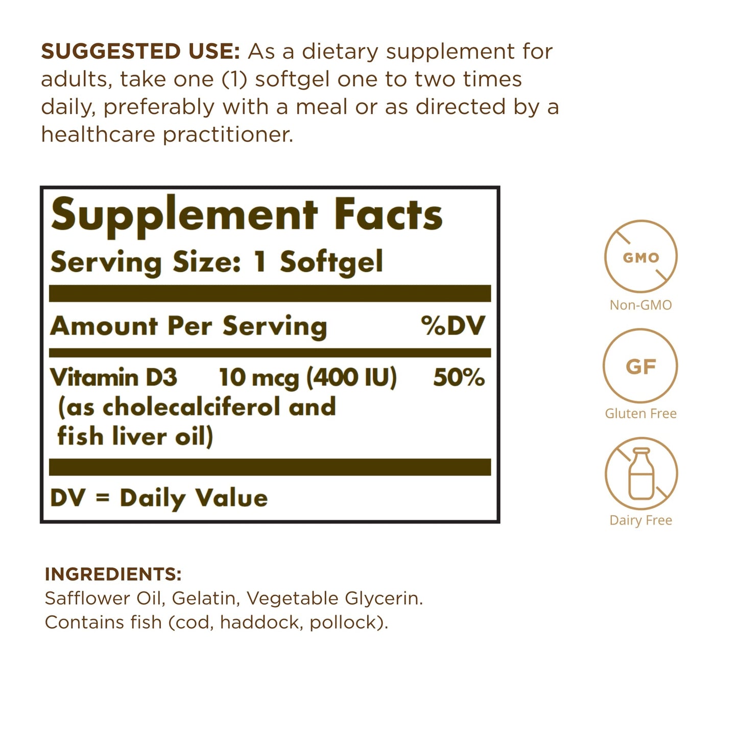 Etiqueta frontal suplemento Solgar Vitamina D3