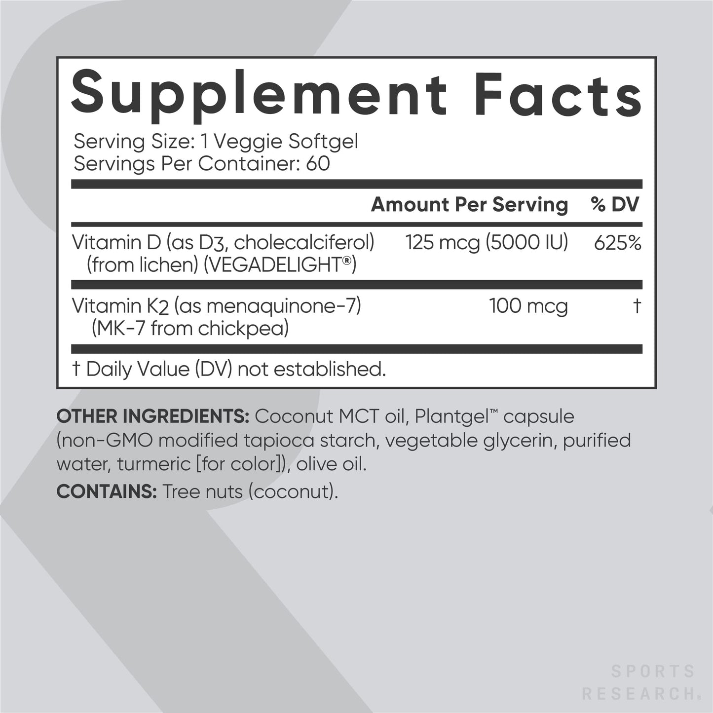 Etiqueta frontal suplemento Sports Research D3 K2 colágeno omega 3