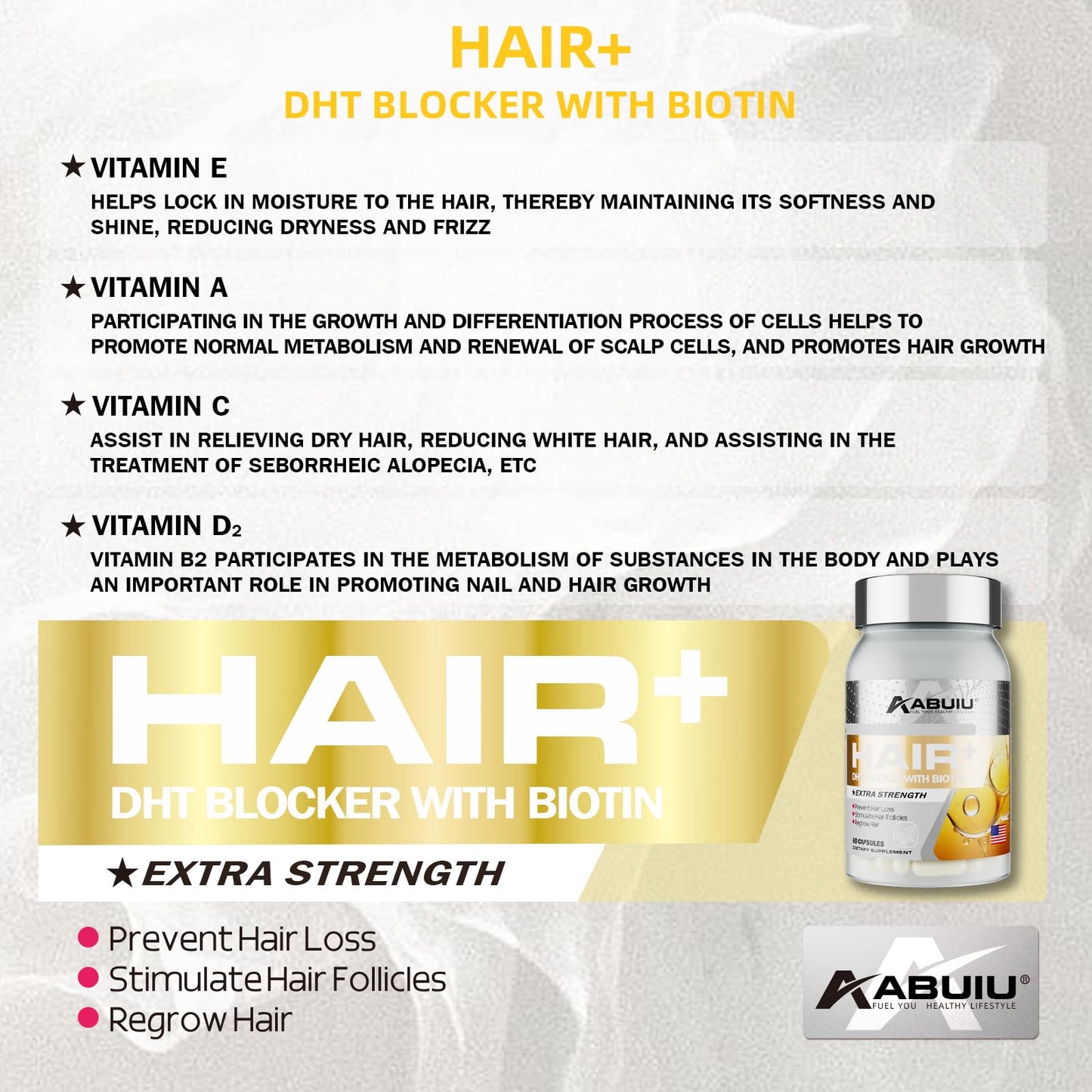 Etiqueta frontal suplemento ABUIU biotina 5000 mcg