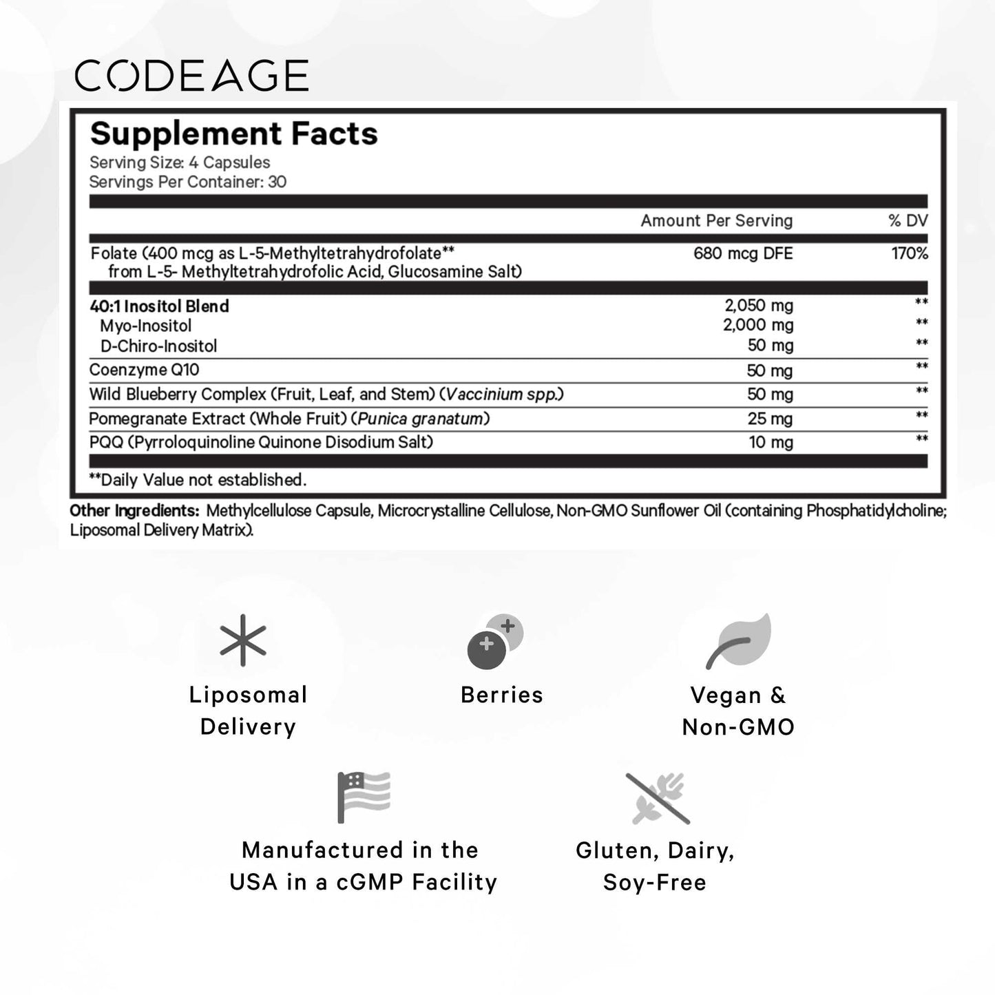 Etiqueta frontal suplemento Codeage PQQ Ovarian Harmony