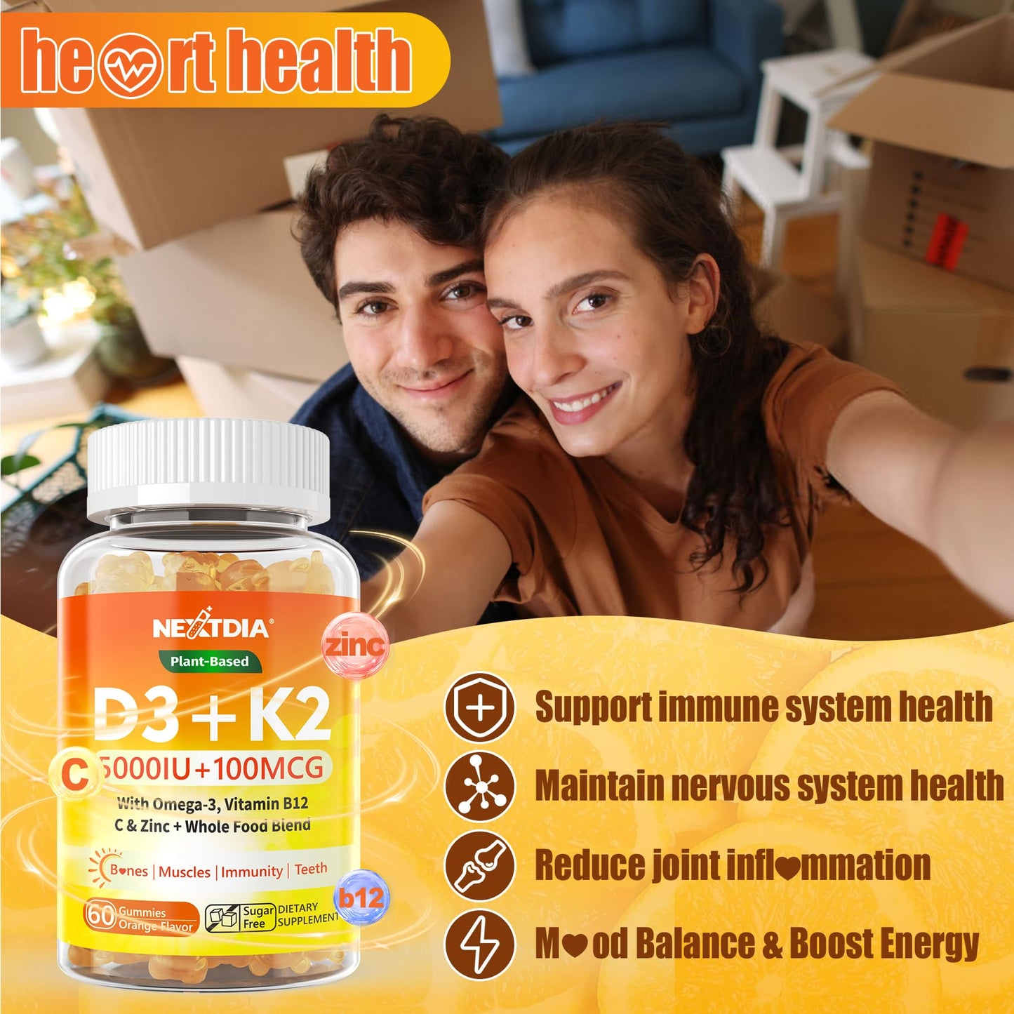 Etiqueta frontal suplemento Nextdia Vitamina D3 K2 orgánico