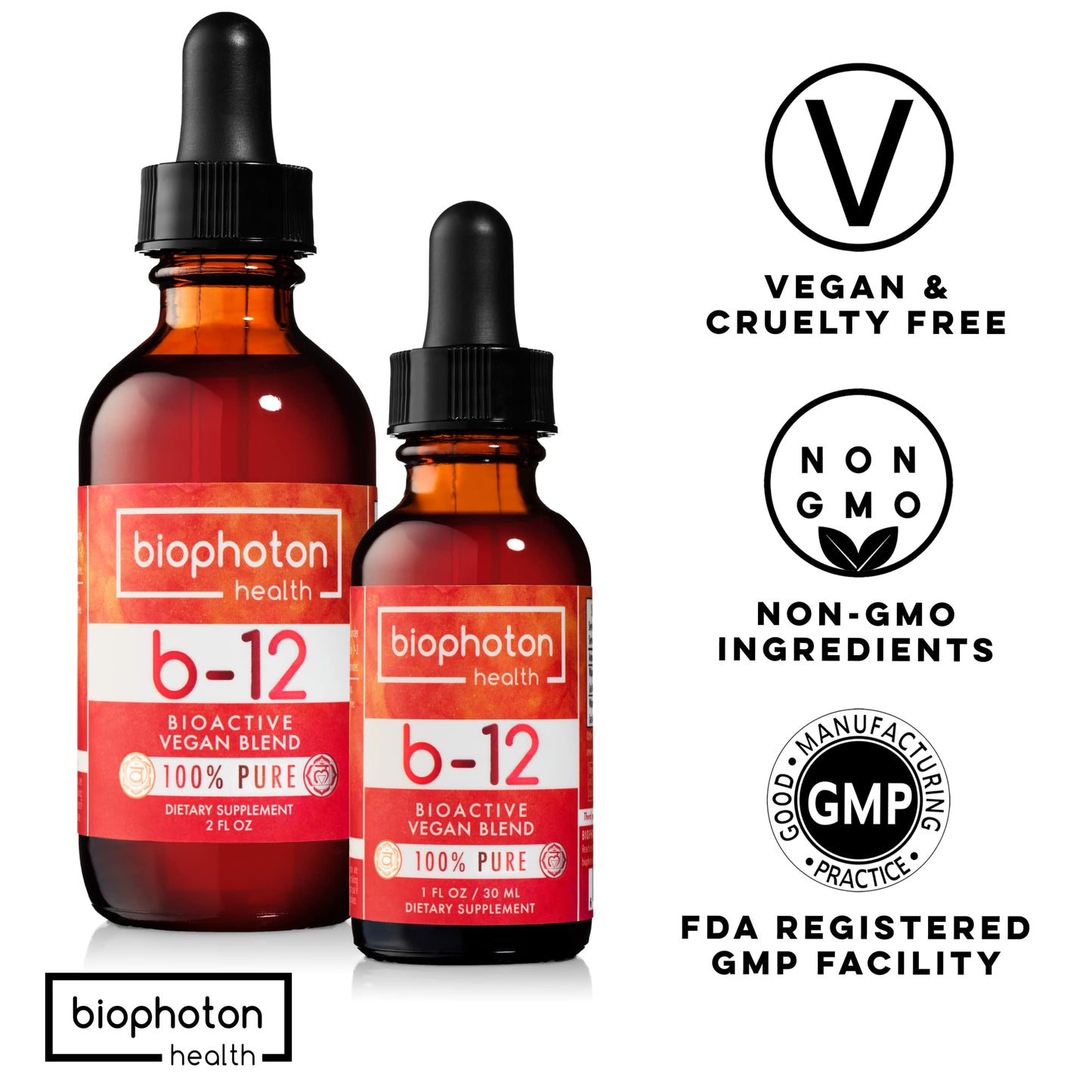 Etiqueta frontal suplemento vitamina b12 Biophoton Health 2 fl oz
