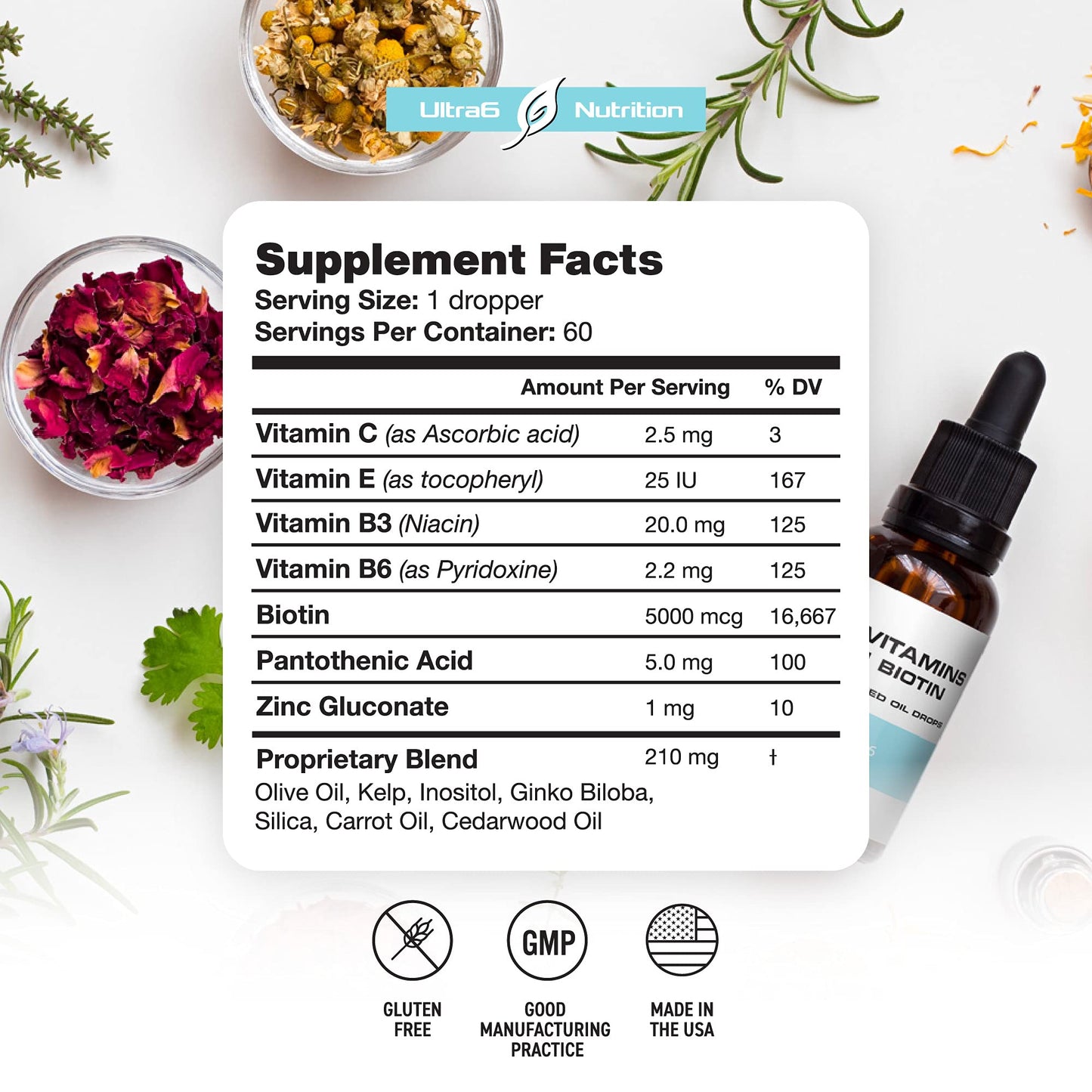 Etiqueta frontal Ultra6 Nutrition biotina líquida