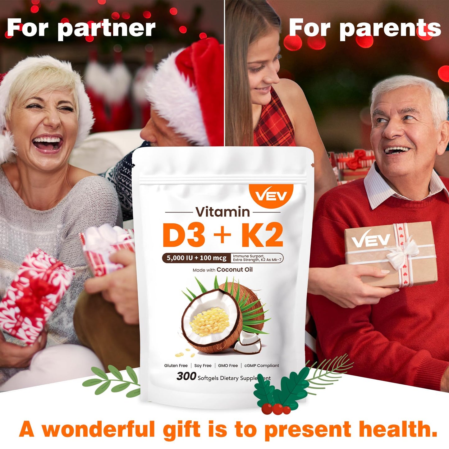 Etiqueta frontal VEV vitamina d3 k2 300 cápsulas
