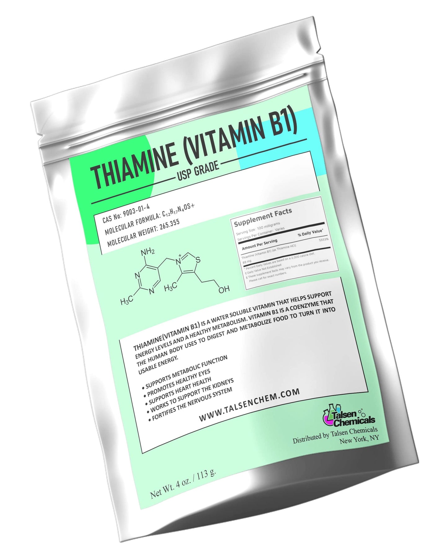 Etiqueta frontal vitamina B1 tiamina polvo Talsen Chemicals