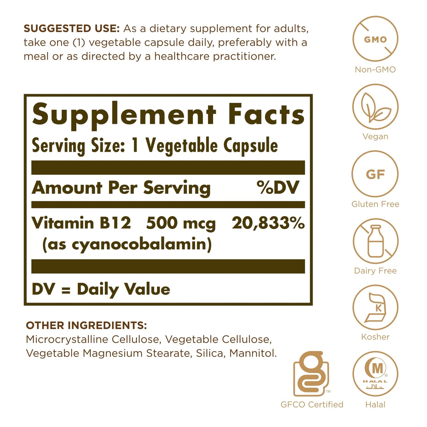 Etiqueta frontal suplemento vitamina B12 Solgar 100 cápsulas