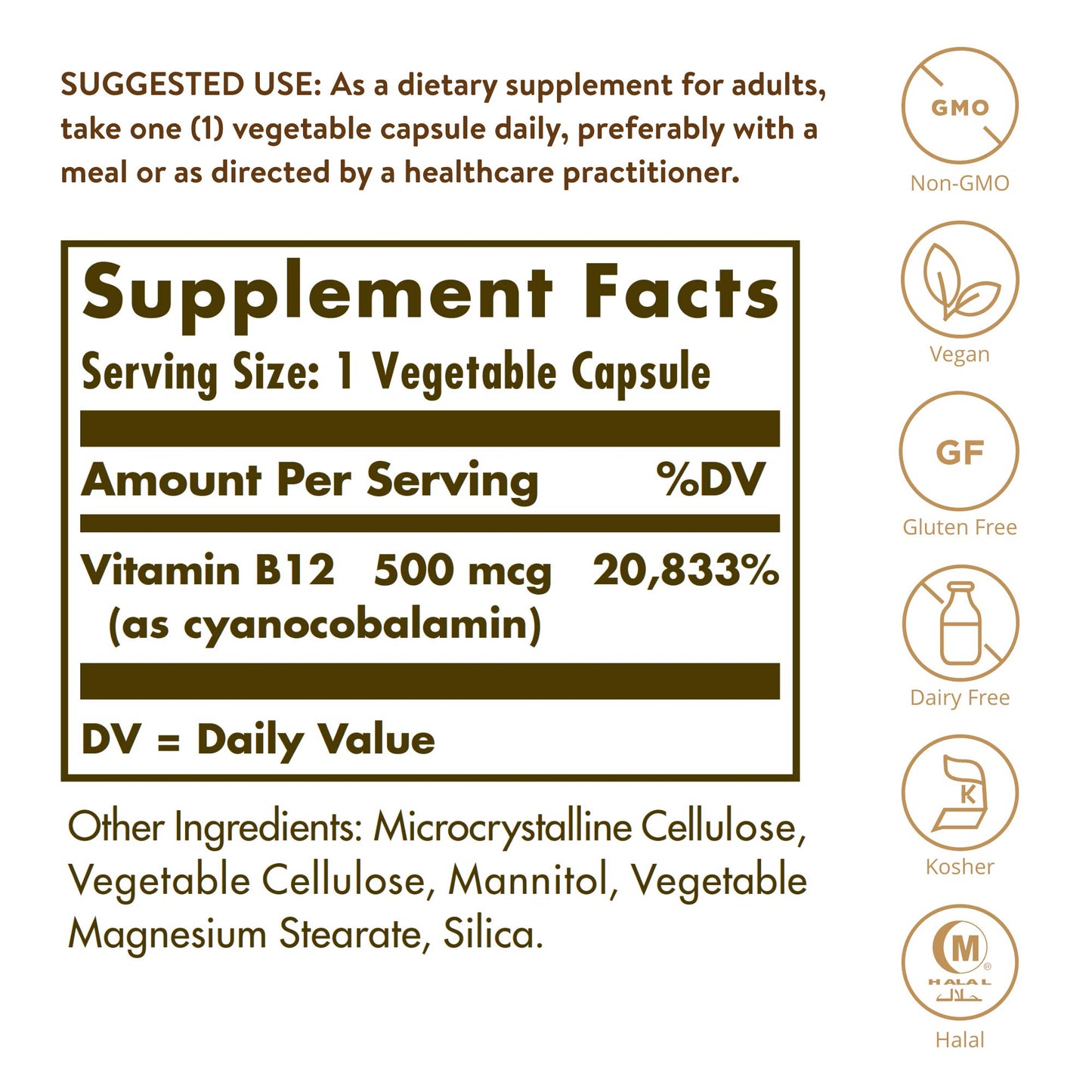 Etiqueta frontal suplemento Vitamina B12 Solgar 500 mcg