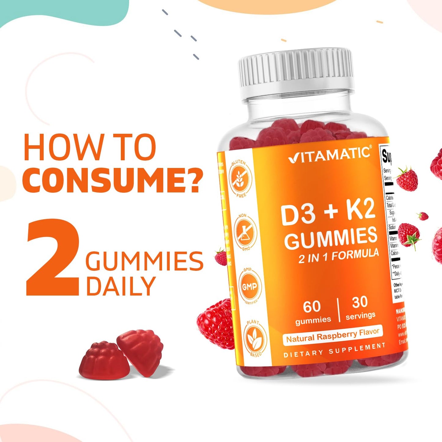 Etiqueta y detalles de gominolas Vitamatic vitamina d3 k2
