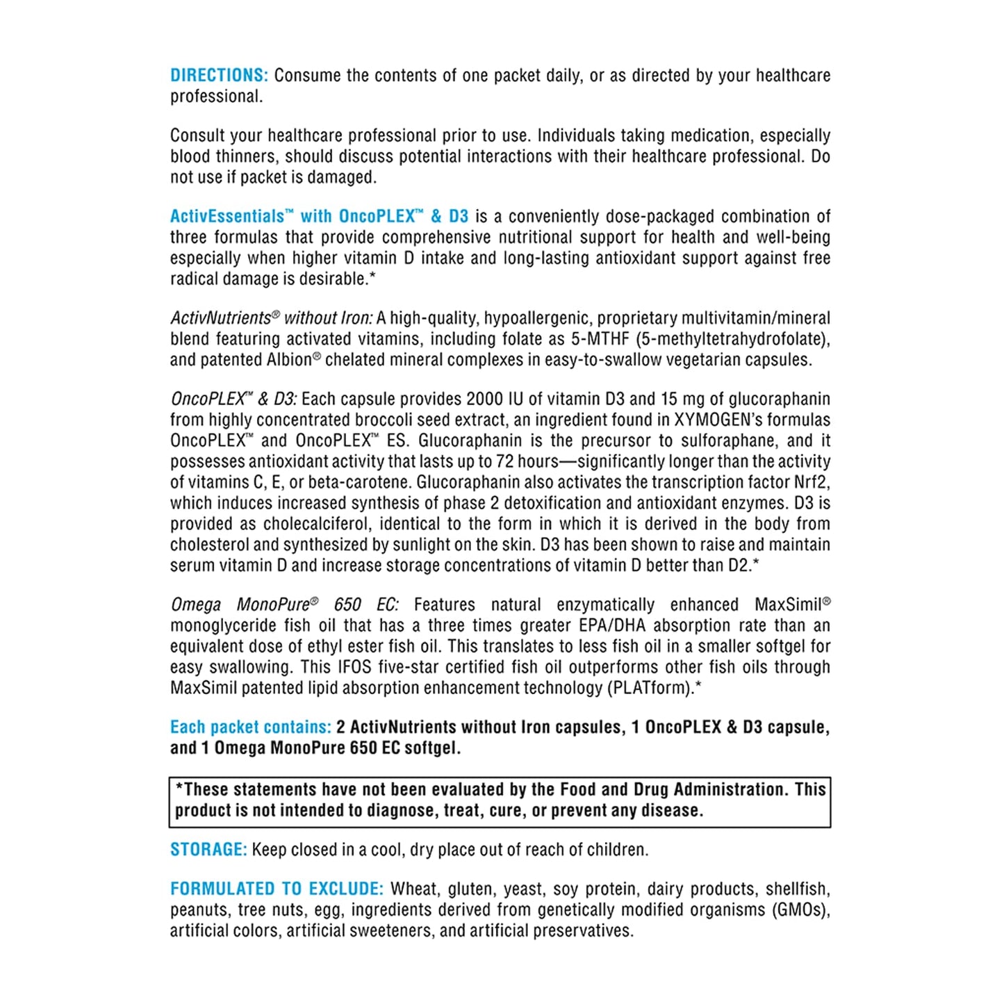 Etiqueta de hechos del suplemento ActivEssentials de XYMOGEN