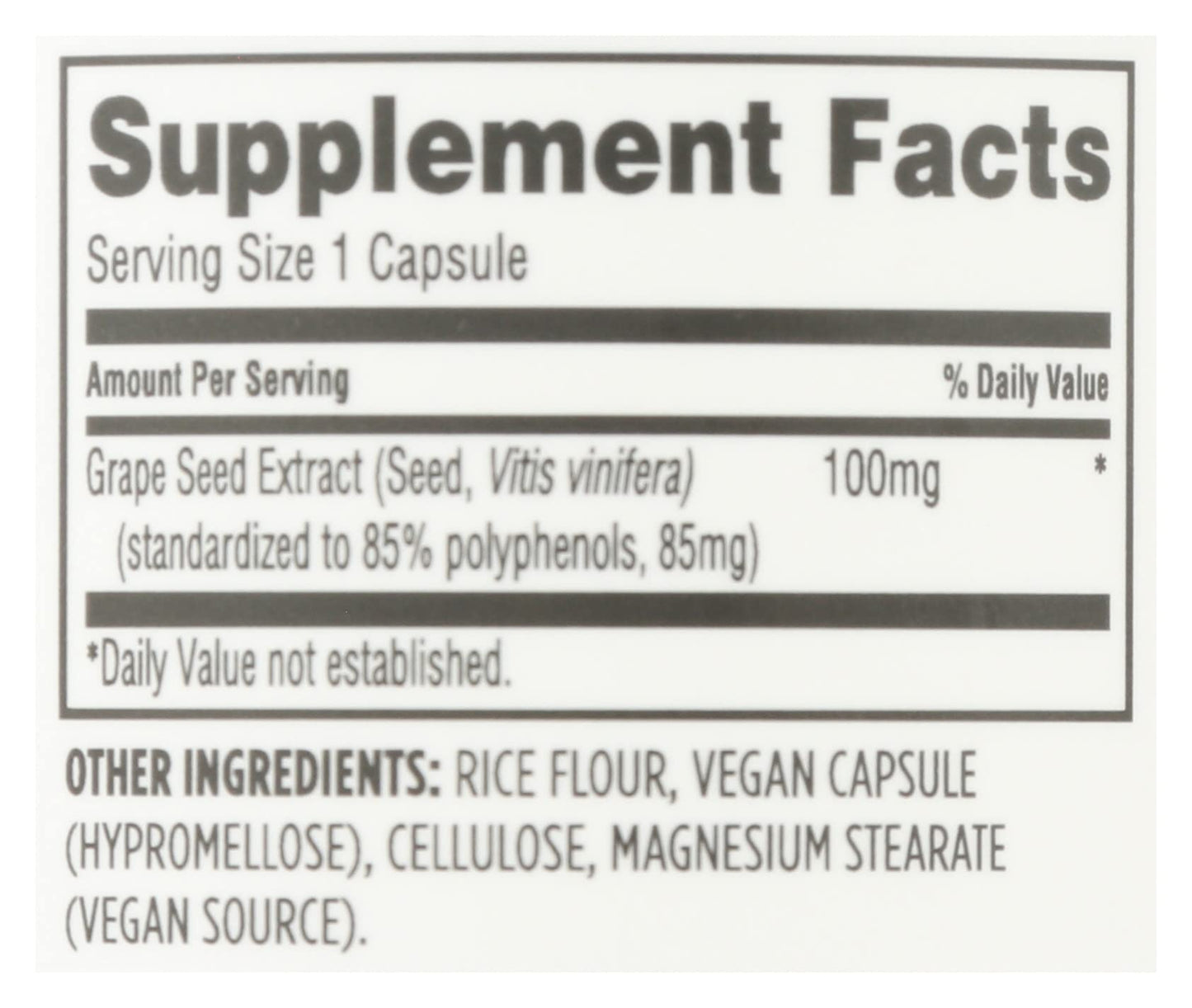 Etiqueta de información nutricional de extracto de semilla de uva.
