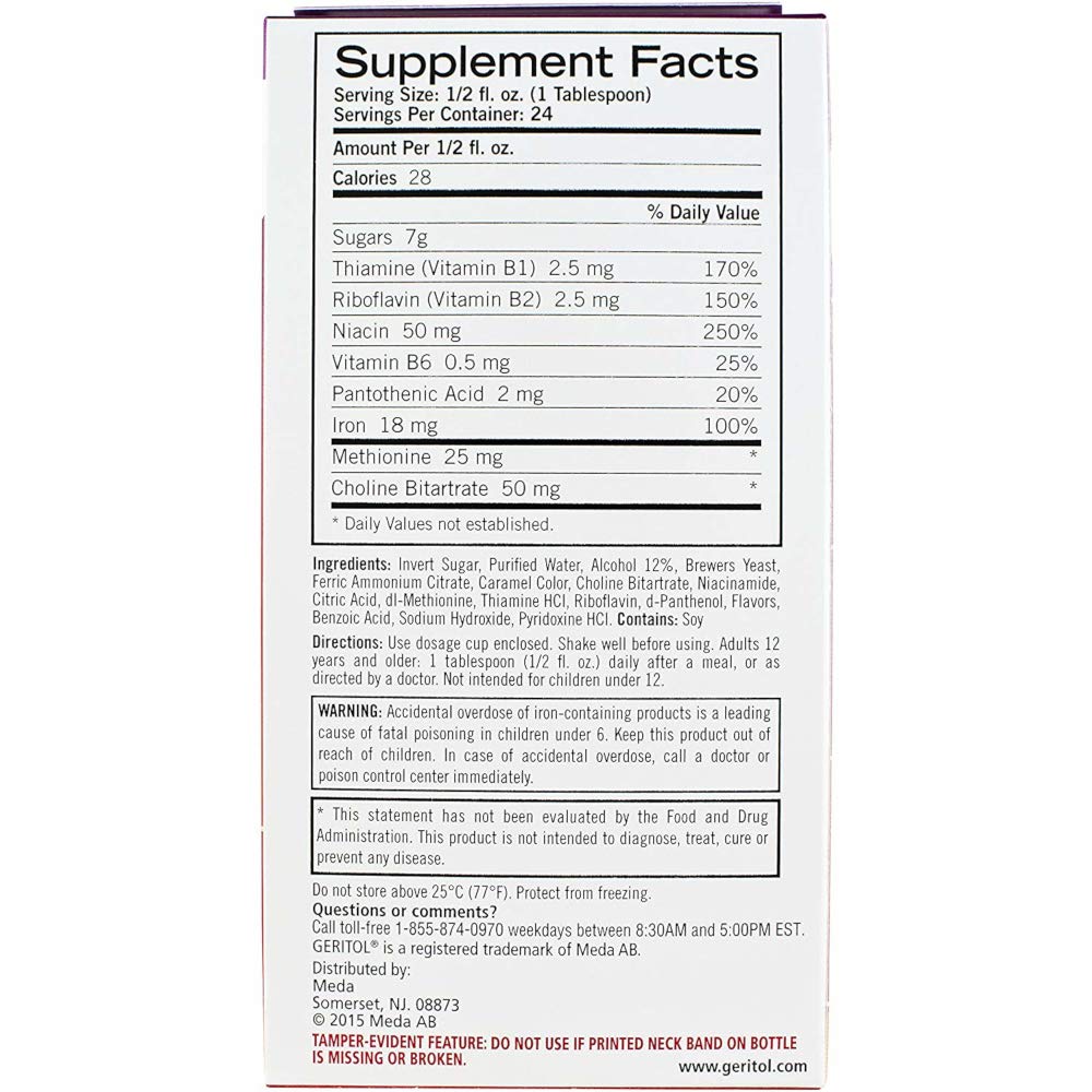 Etiqueta con ingredientes del Geritol líquido vitaminas B