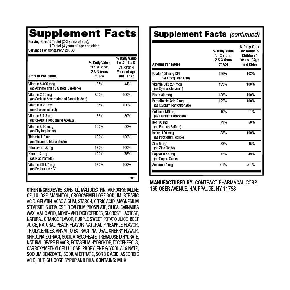 etiqueta de ingredientes del multivitamínico masticable para niños de Earth's Splendor