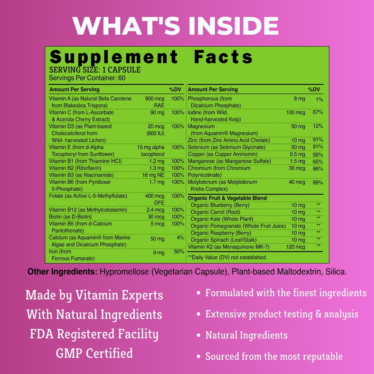 Etiqueta de ingredientes naturales del multivitamínico grow vitamin