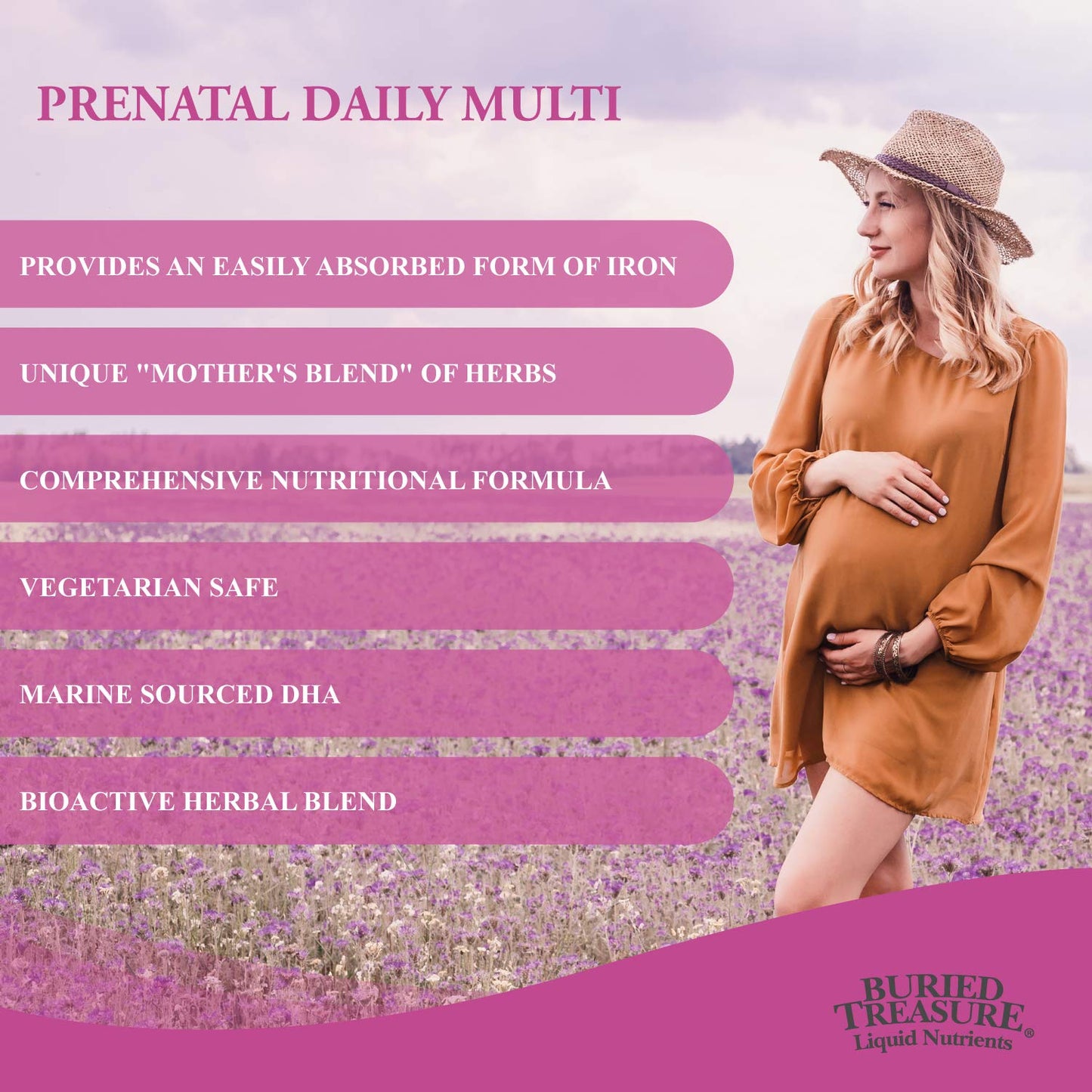 Etiqueta de ingredientes del suplemento prenatal Buried Treasure Plus DHA