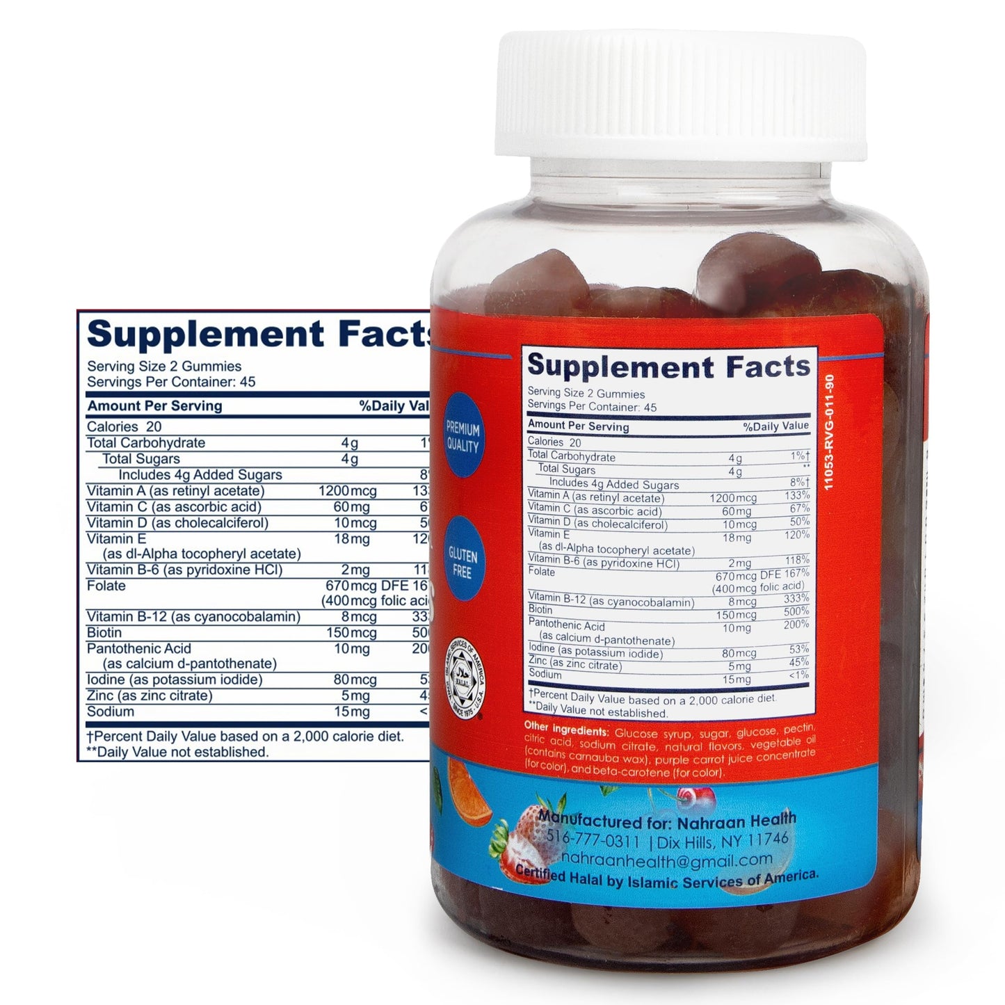 Etiqueta de ingredientes y tabla nutricional de vitaminas en gomitas halal.