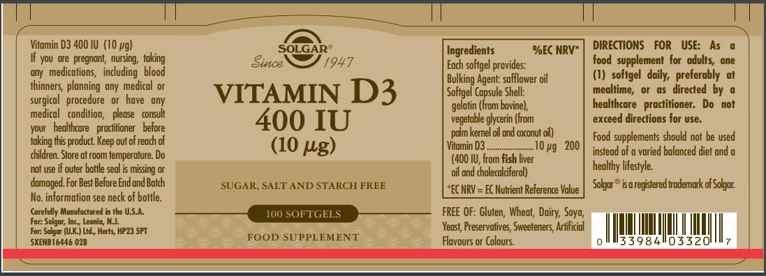 Etiqueta de Solgar Vitamina D3 400 UI con instrucciones