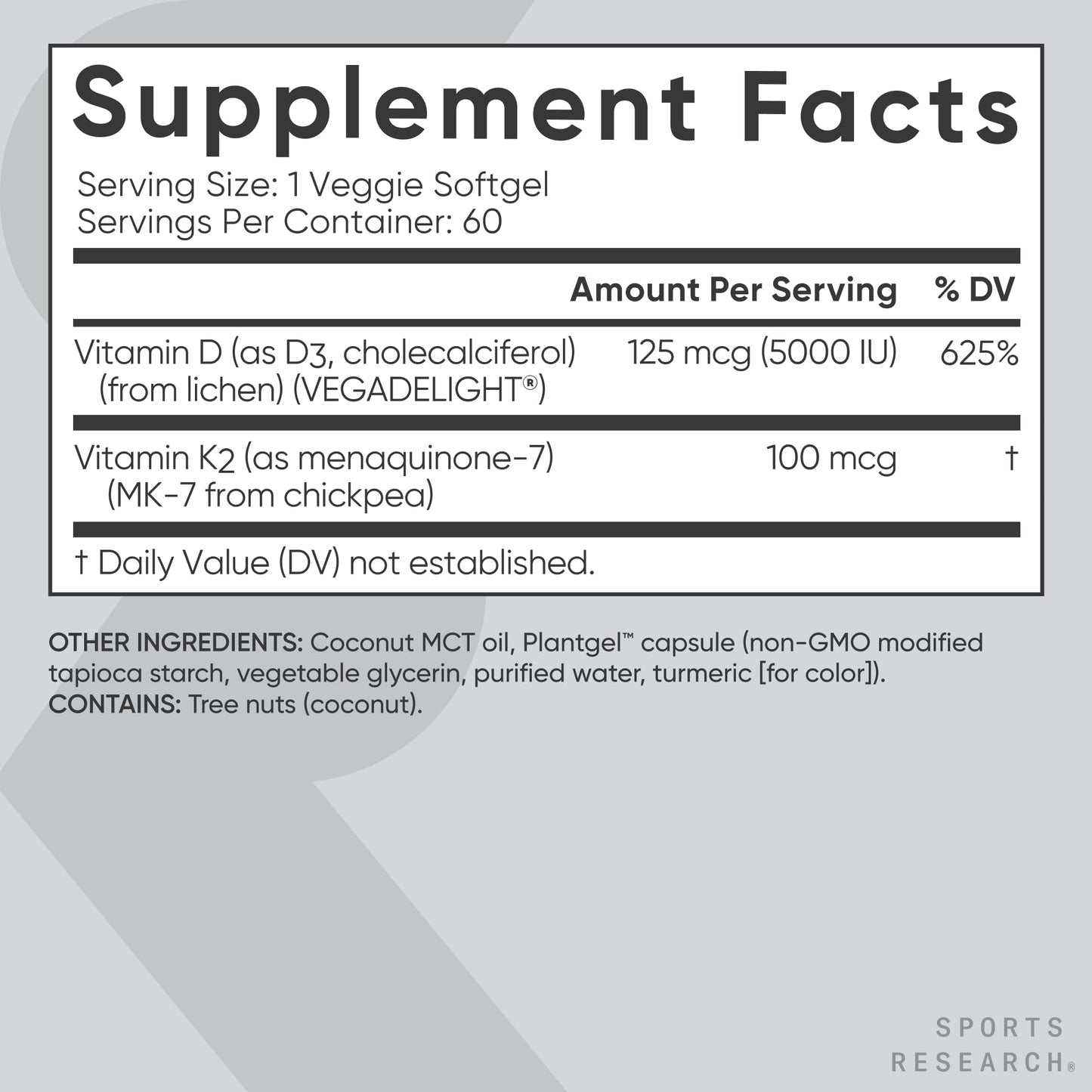 Etiqueta lateral suplemento Sports Research vitamina D3 y K2