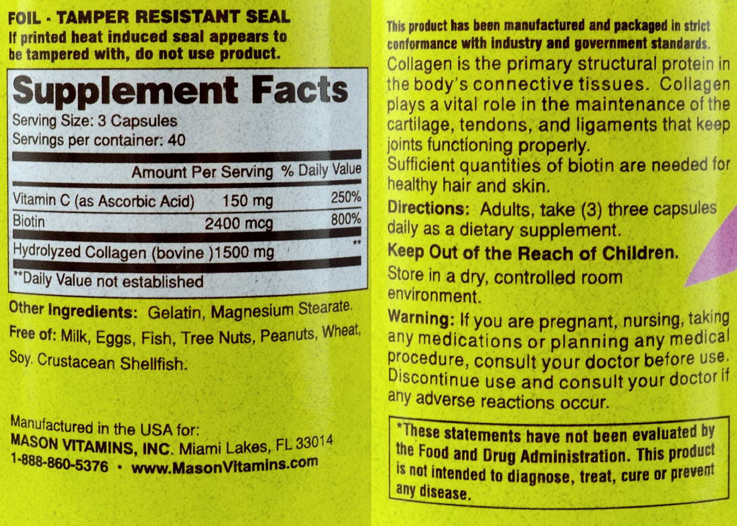 Etiqueta frontal Mason Natural colágeno más vitamina C