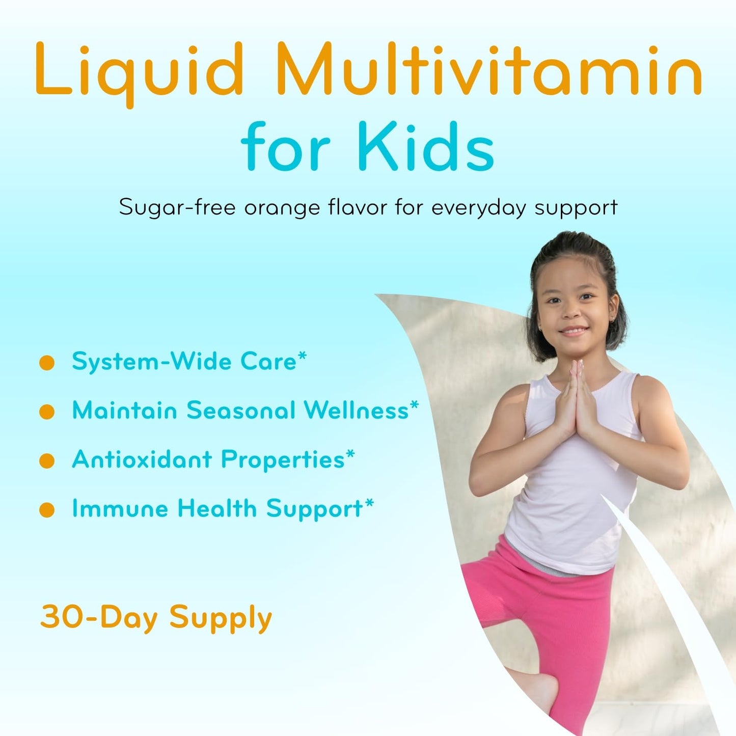 Etiqueta de multivitaminas líquidas para niños con sabor naranja