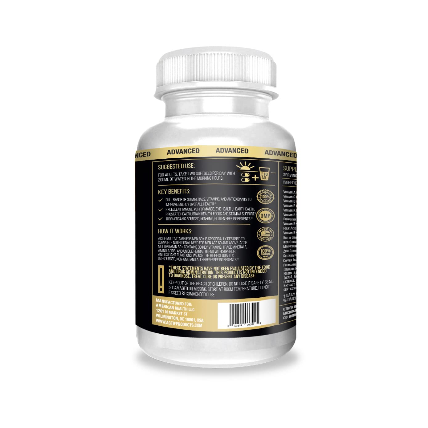 Etiqueta del multivitamínico Actif para hombres mayores de 60