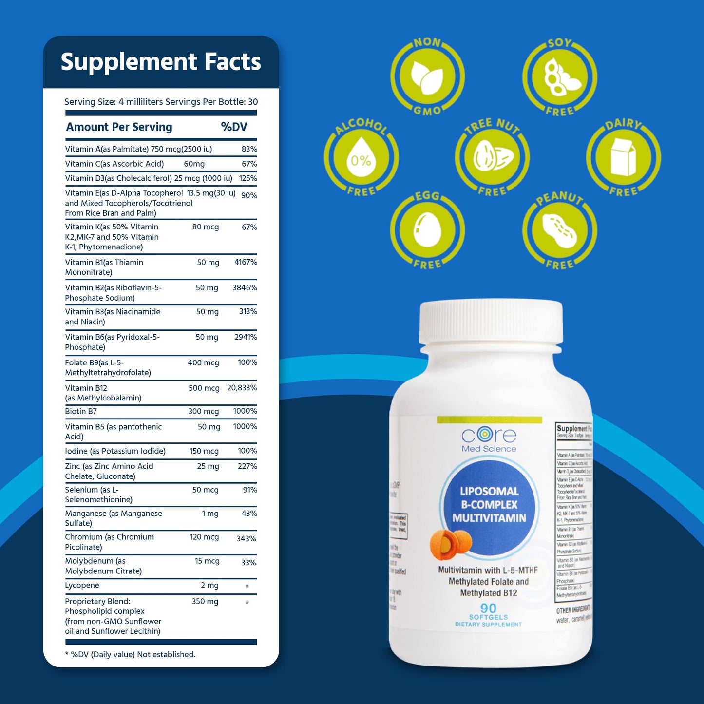 Etiqueta multivitamínico Core Med Science B-Complejo liposomal