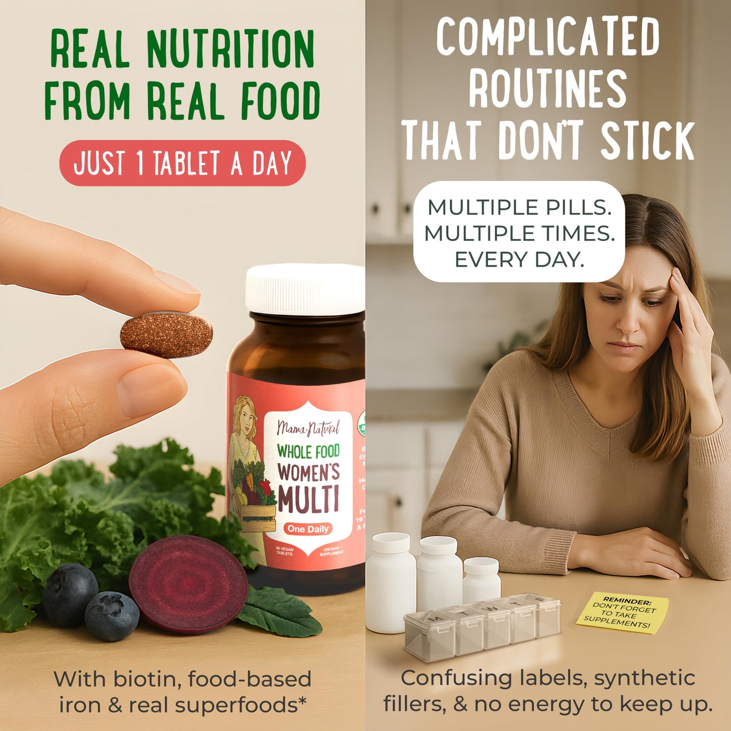 Etiqueta del multivitamínico Mama Natural con ingredientes orgánicos