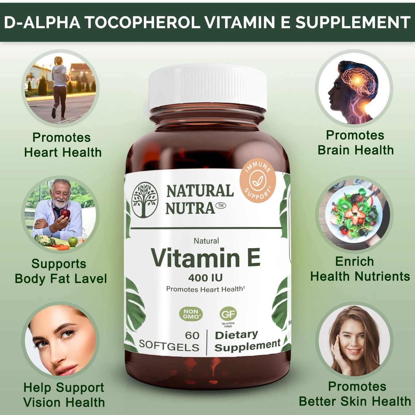 Etiqueta suplemento Natural Nutra vitamina e 400 UI para piel y corazón