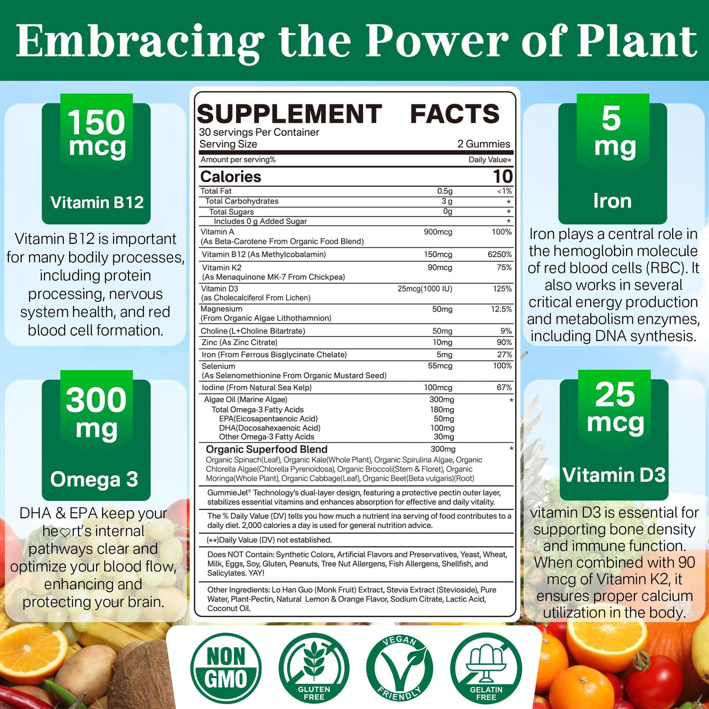 Etiqueta Neviss multivitaminas veganas con hierro y vitamina B12