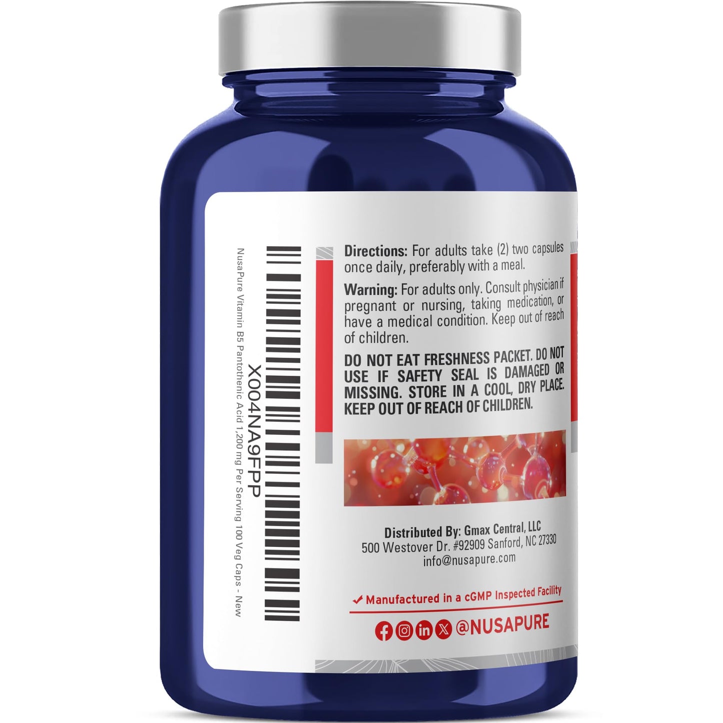 Etiqueta de NusaPure Vitamina B5 mostrando ingredientes