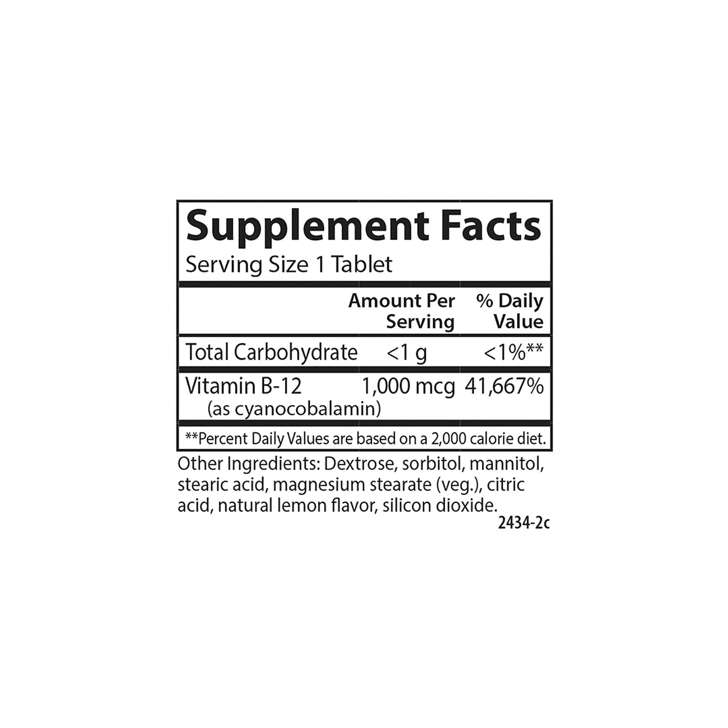 Etiqueta nutricional Carlson vitamina B12 masticable