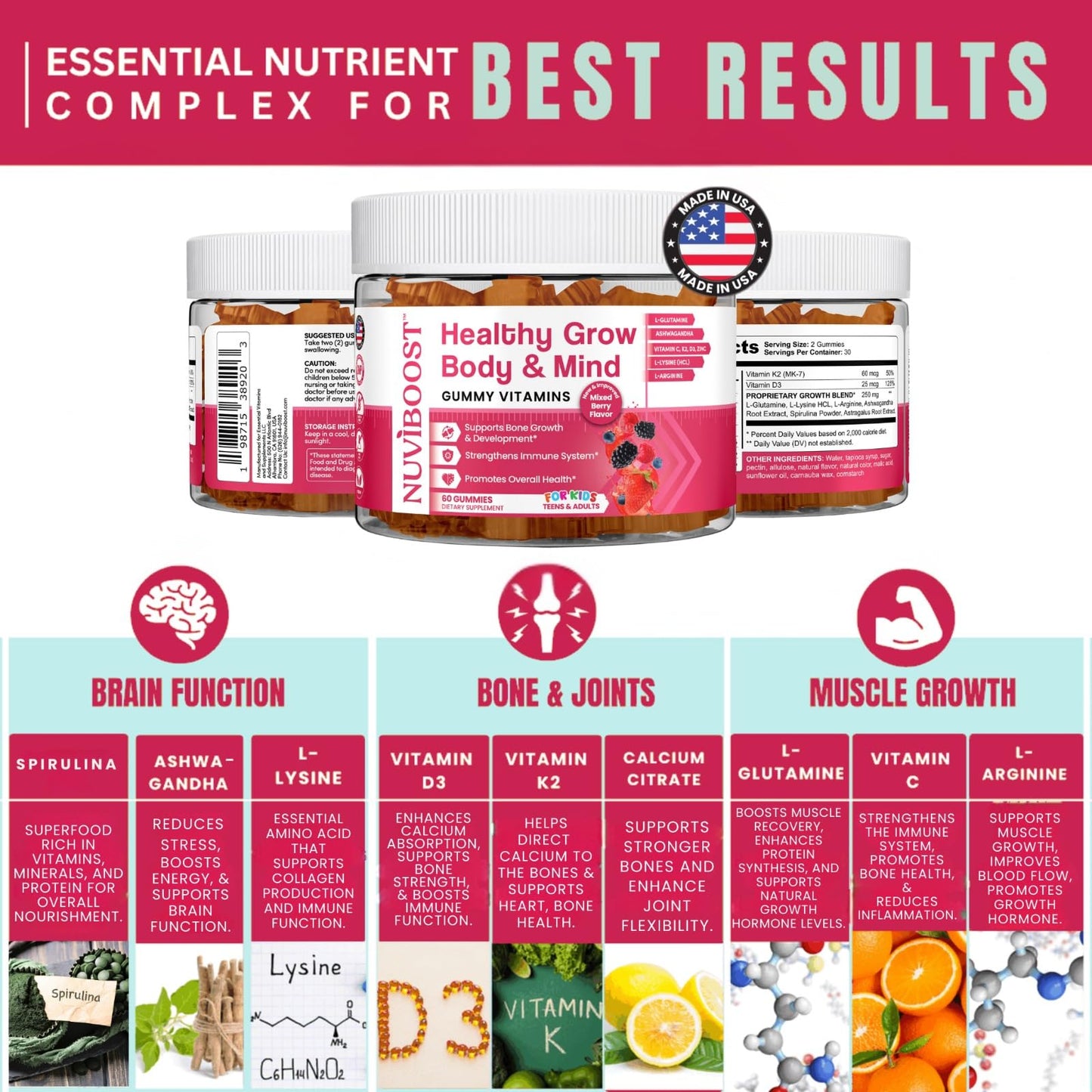 Etiqueta nutricional de gomas NUVIBOOST con vitaminas y minerales