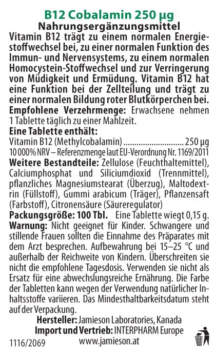 Etiqueta nutricional Jamieson vitamina B12