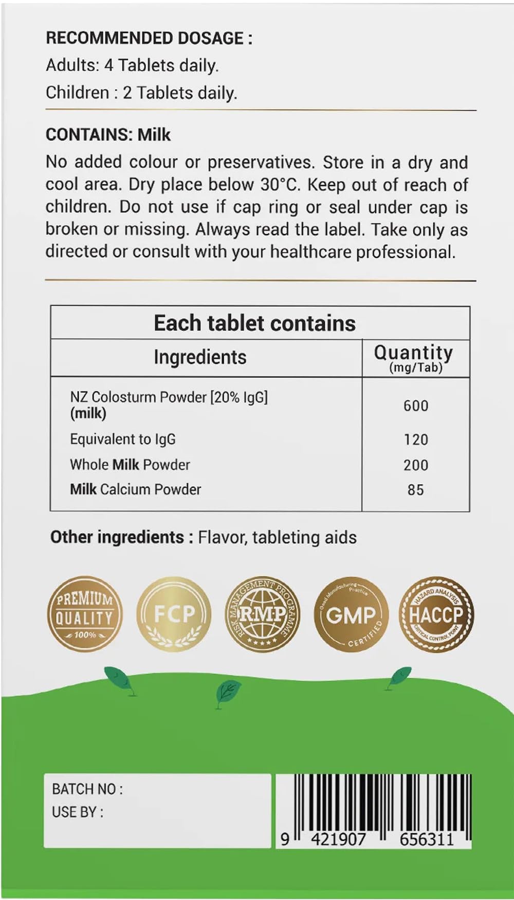 Etiqueta nutricional Natural NZ Colostrum 1500 tabletas