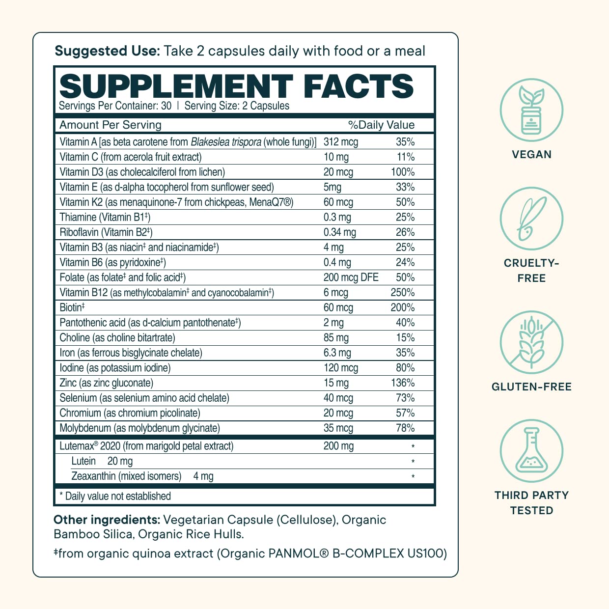 Etiqueta detallada de nutrientes multivitamínico Ora Organic