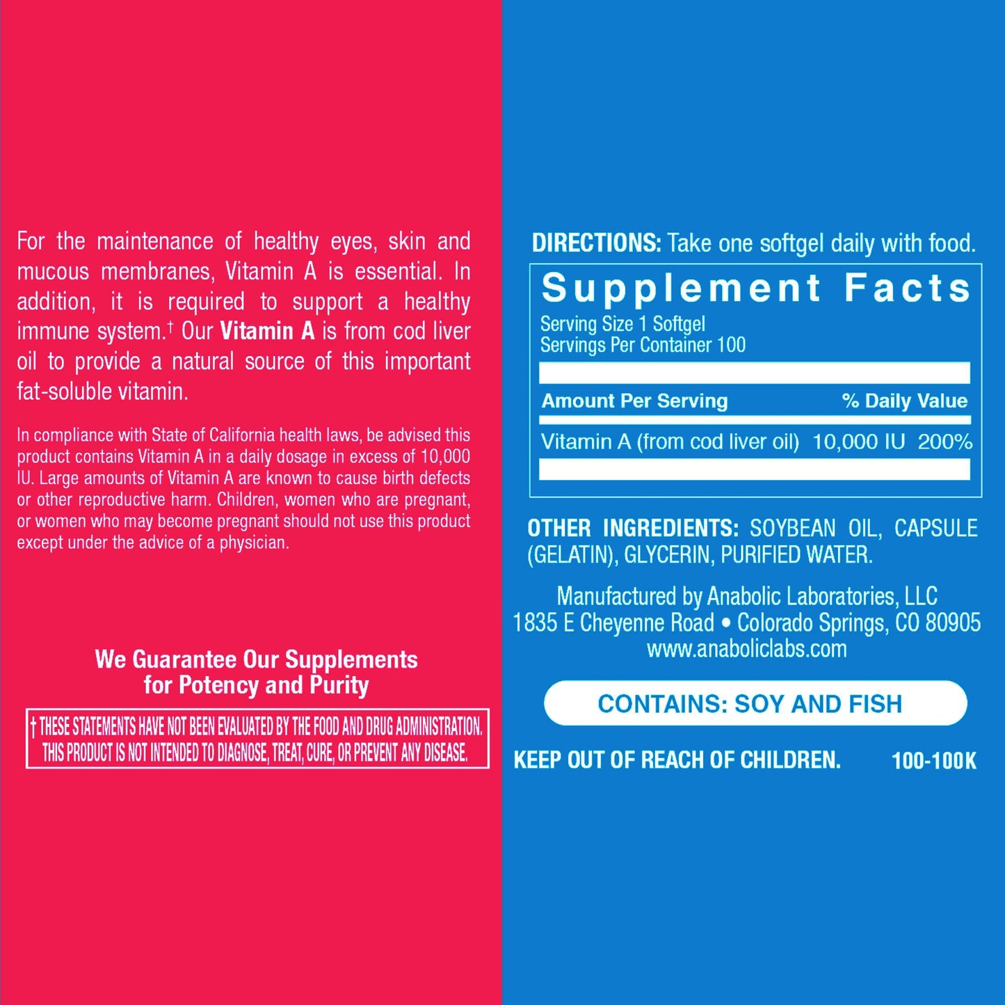 Etiqueta producto Anabolic Laboratories vitamina A 100 cápsulas
