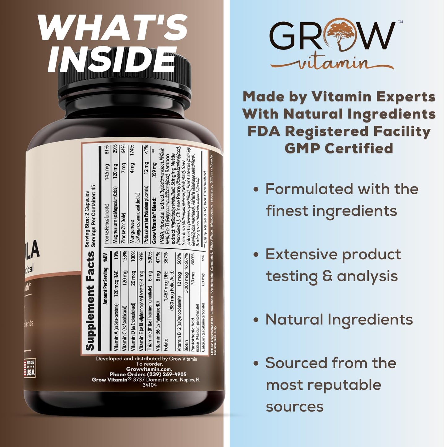 Etiqueta del producto Grow Vitamin fórmula para cabello