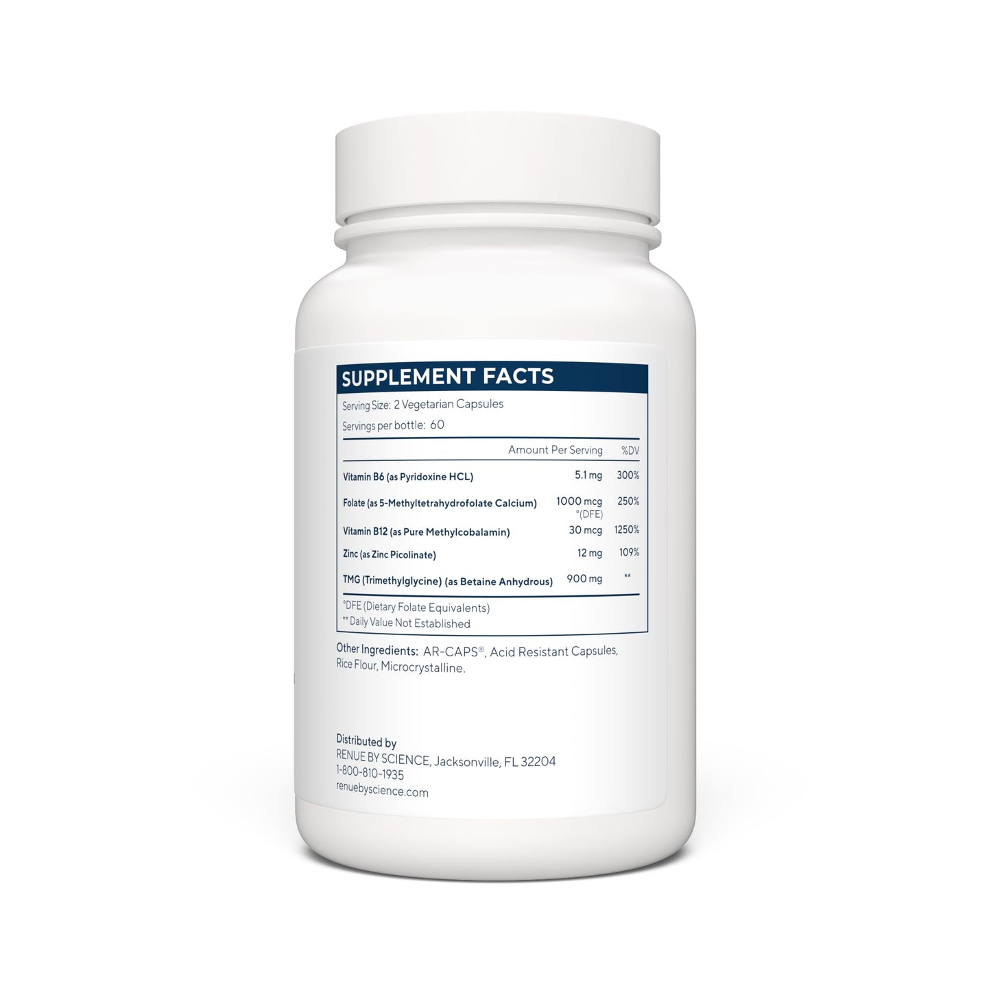 Etiqueta productos TMG cápsulas Renue by Science lado frontal