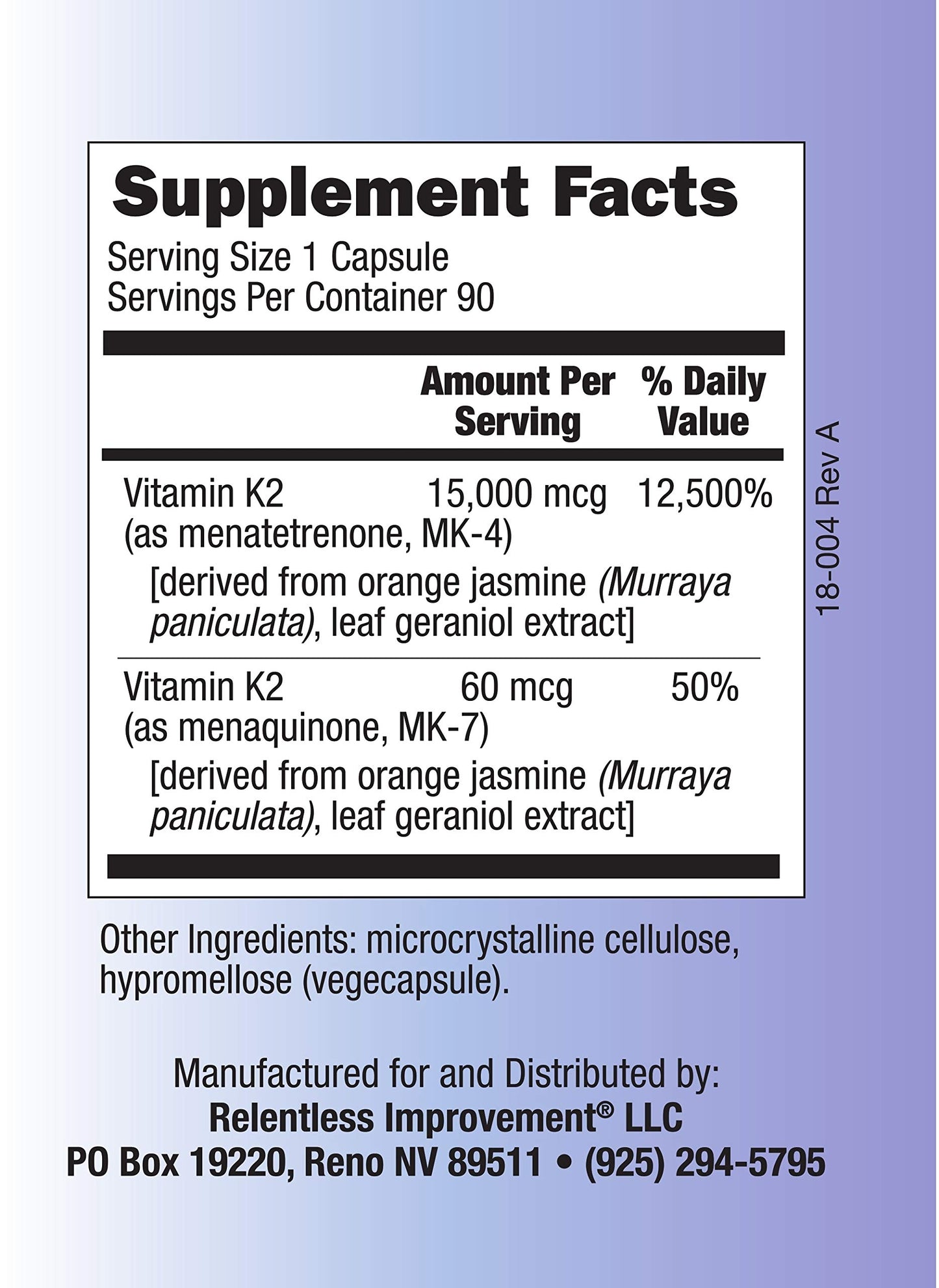 Etiqueta Relentless Improvement Vitamin K2 MK4 MK7 vegana