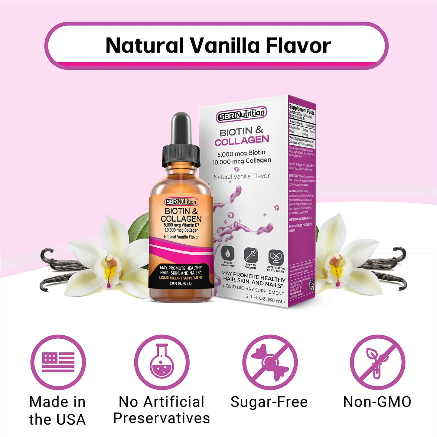 Etiqueta SBR Nutrition suplemento líquido biotina colágeno