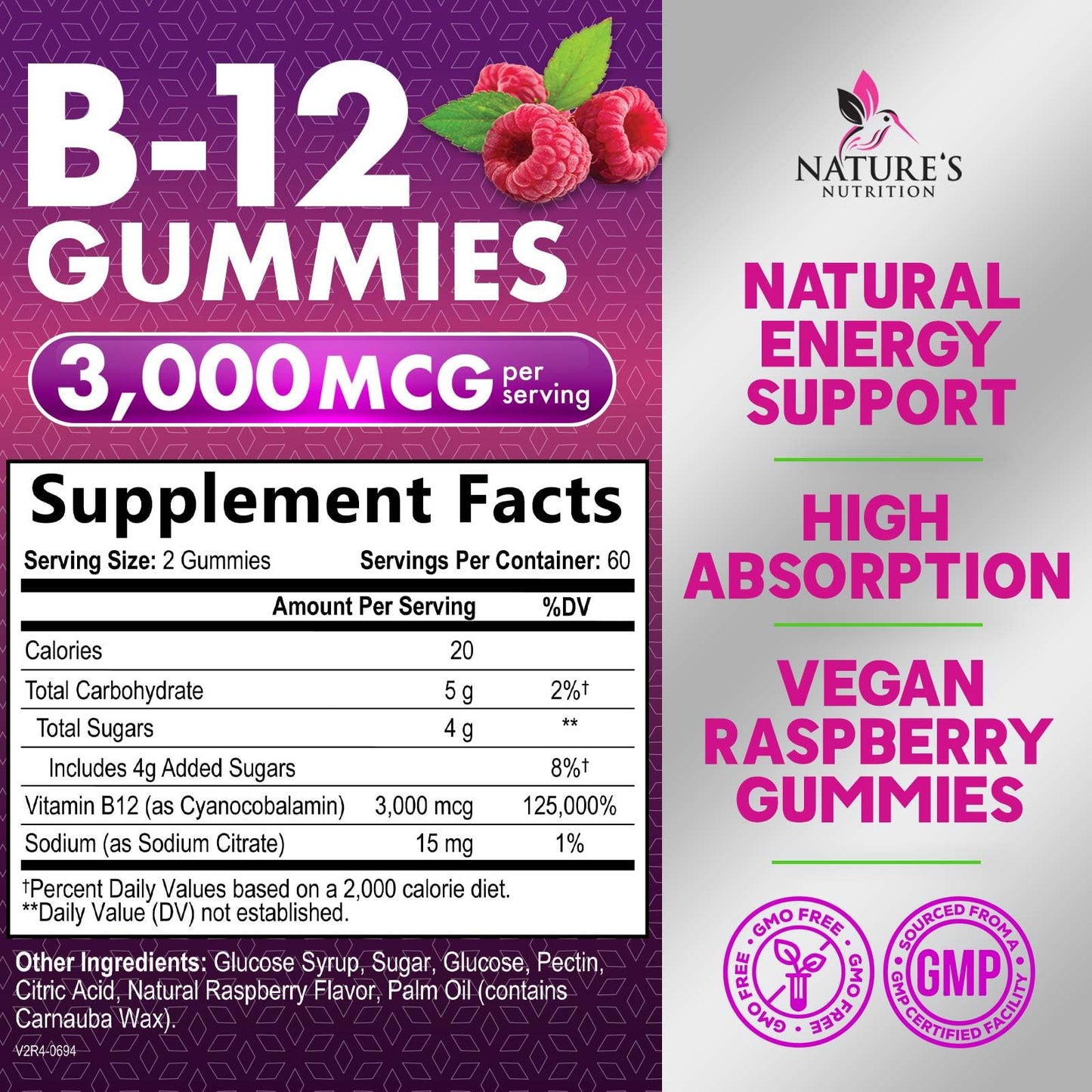 Etiqueta suplementaria gomitas vitamina B12 extra fuerte