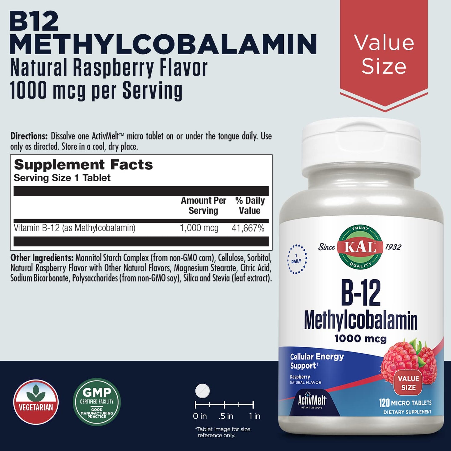 Etiqueta suplementaria de vitamina B12 KAL sabor frambuesa