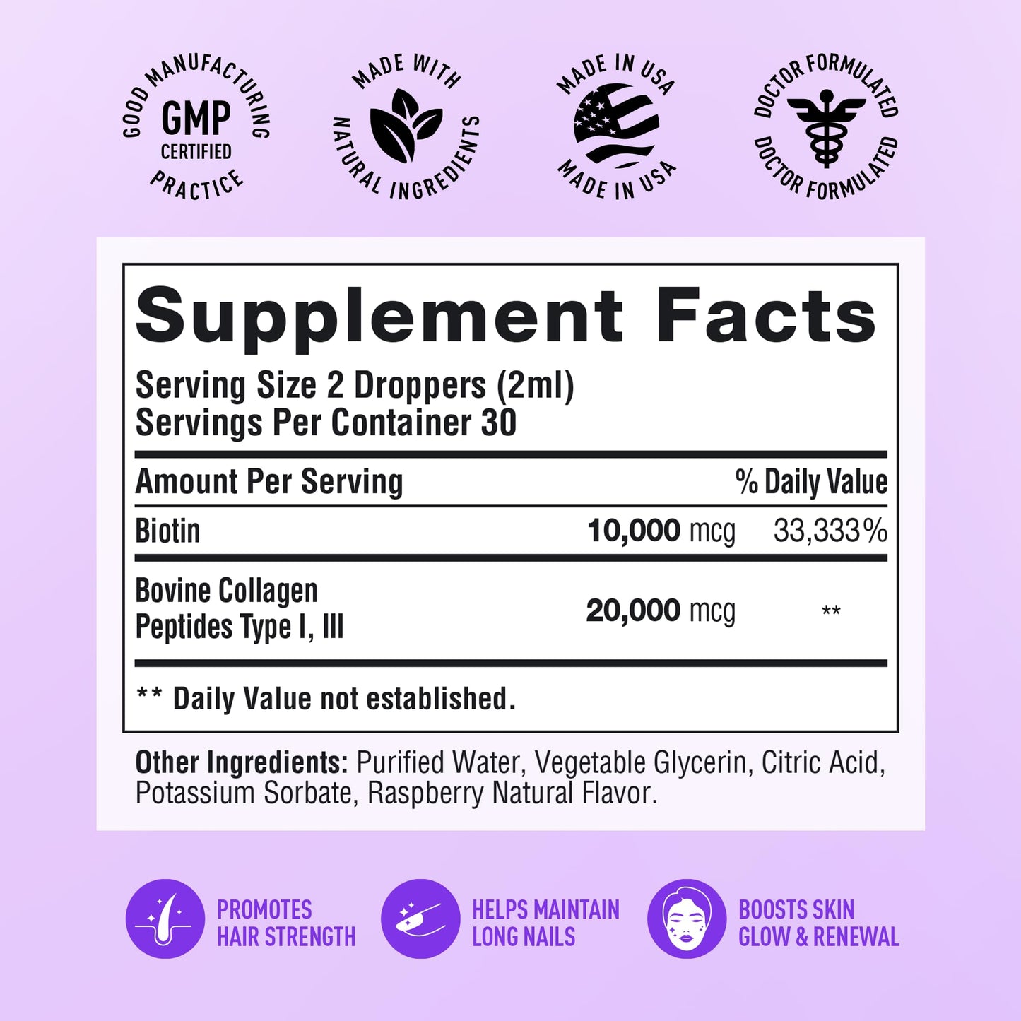 Etiqueta del suplemento biotina y colágeno SimplyVital para salud