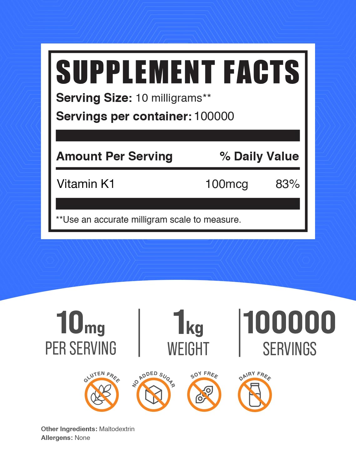 Etiqueta suplemento BulkSupplements vitamina K1 para corazón y huesos