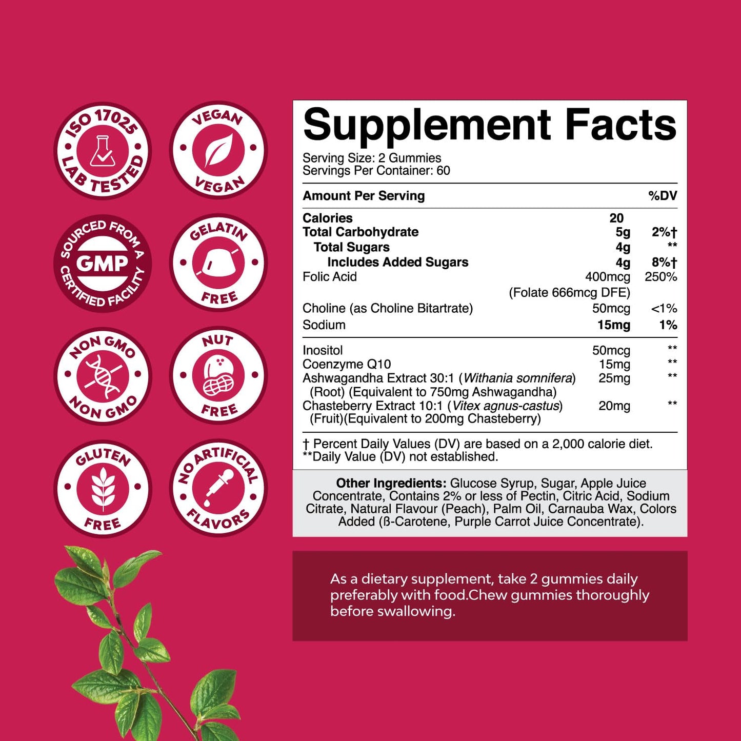 Etiqueta suplmento fertilidad gomitas mujer Natures Craft ingredientes