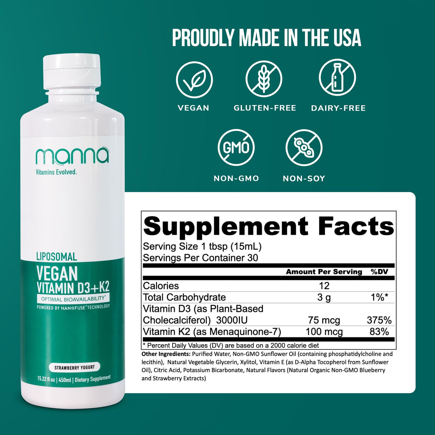 Etiqueta suplemento líquido Manna Vitamins K2 D3